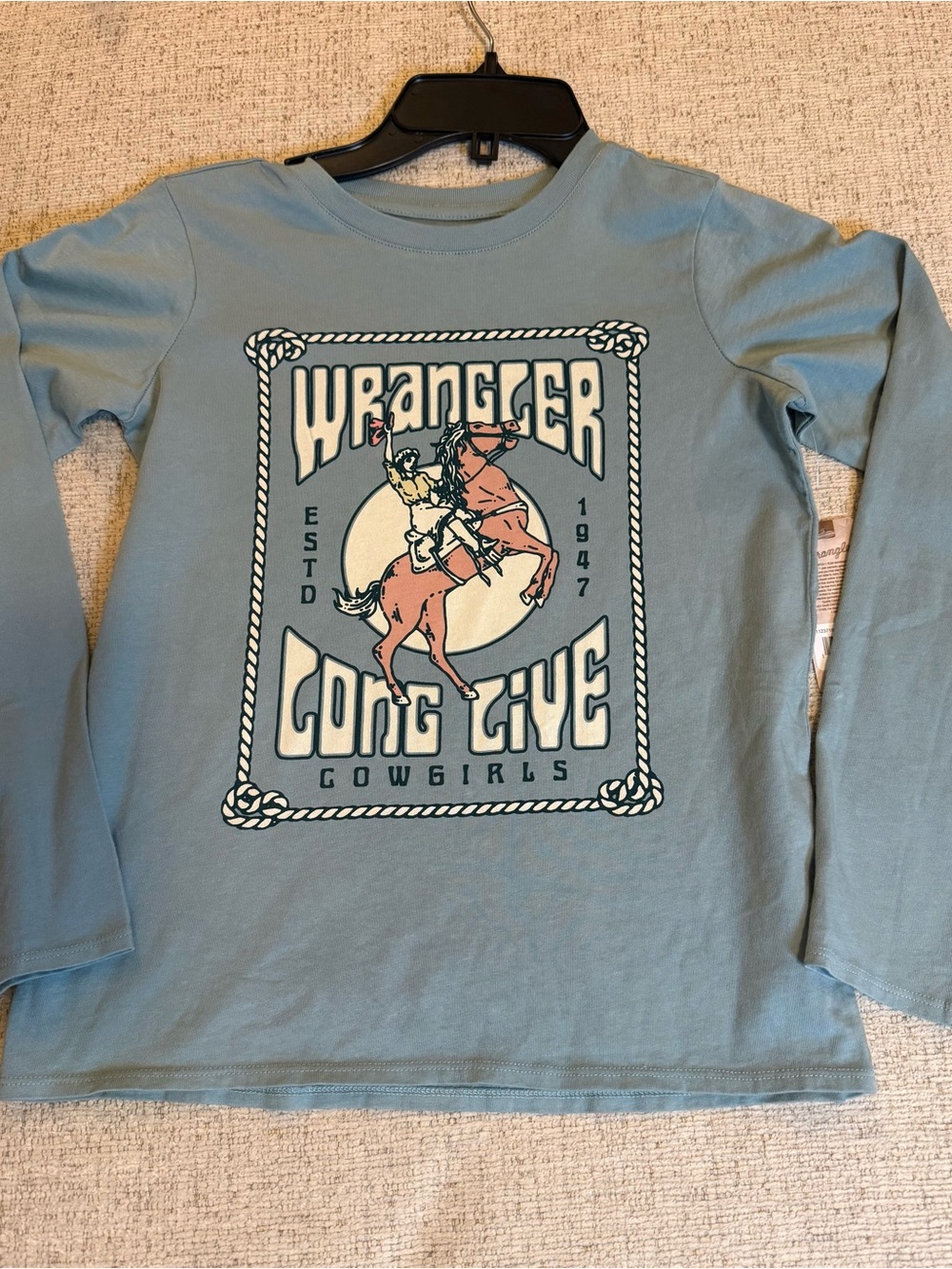 Wrangler Girls Long Sleeve Graphic Tee - Dusty Blue with Coral Accent